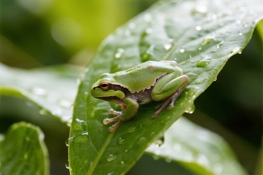 Green tree frog resting on a dew-covered leaf in a natural setting