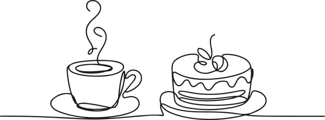 Coffee cup and cake one line continuous drawing. Vector illustration. Hand drawn linear silhouette. one line Icon drawing with white background