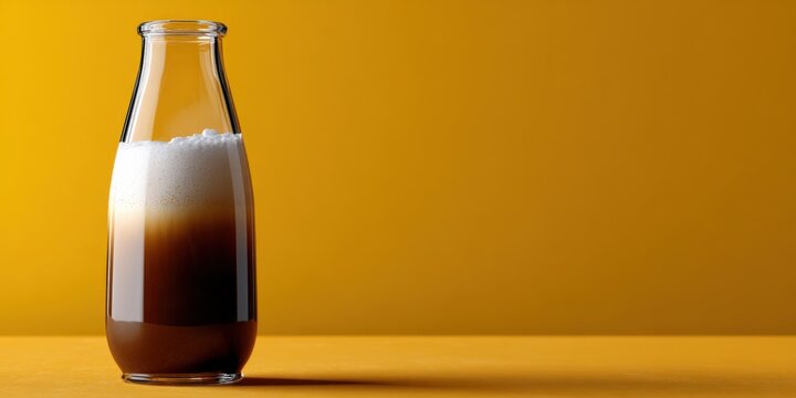 Glass bottle of cold brew coffee with foam against amber background