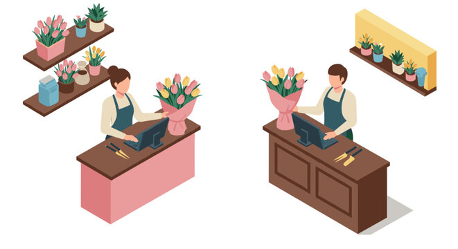 Isometric florist shop with cashier and decorative flower arrangements - Powered by Adobe
