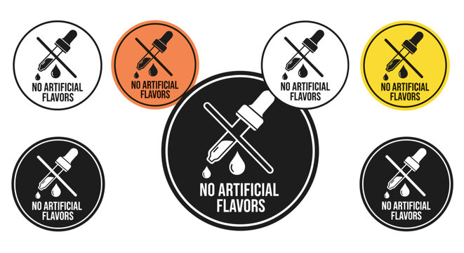No Artificial Flavors Icons Collection: Diverse color palettes showcasing symbol indicating no artificial additives, ideal for food and beverage marketing, healthy eating promotion, presentation, adve