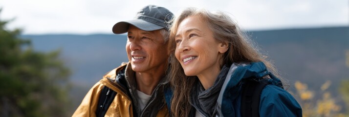 Elderly asian couple hiking in nature with bright smiles
