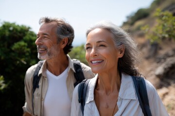 Mature caucasian couple hiking outdoors on a sunny day