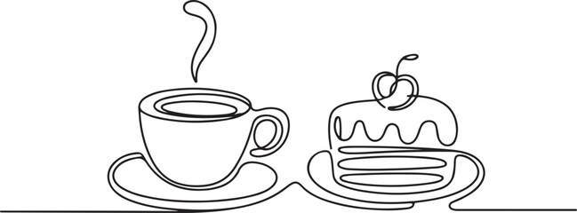 Coffee cup and cake one line continuous drawing. Vector illustration. Hand drawn linear silhouette. one line Icon drawing with white background