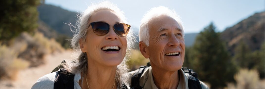 Elderly caucasian couple enjoying outdoor hiking adventure in mountain scenery