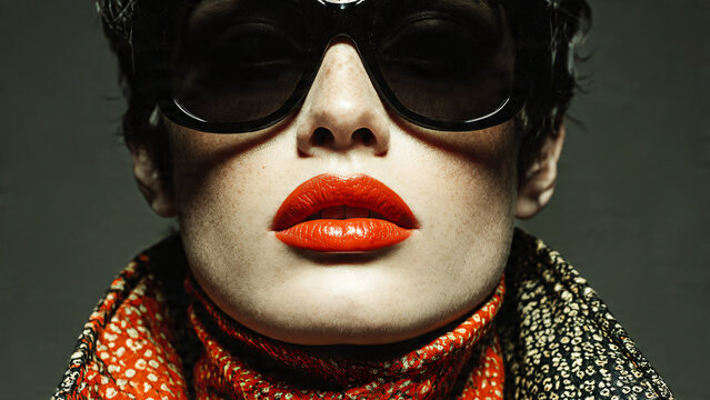Portrait seventies d'une jeune femme mystérieuse avec rouge à lèvres et lunettes de soleil  - Powered by Adobe