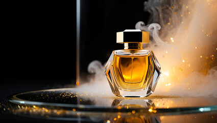 A glamorous beauty product scene featuring a luxury perfume bottle placed on a reflective glass surface. The bottle has a faceted crystal design with golden liquid inside and a metallic gold cap. Surr