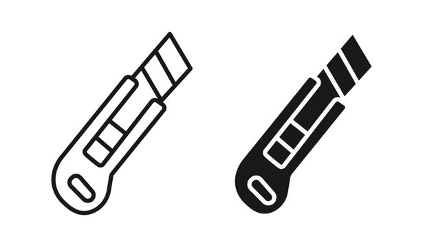 Box cutter , utility knife icon set in outline and silhouette style, representing cutting tools, crafting, and utility work, vector illustration.