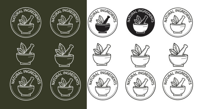 Herbal Medicine Preparation: Mortar and Pestle Icons Representing Natural Ingredients for Holistic Wellness & Herbalism, Suitable for Healthcare Branding, Packaging & Sustainable Product Marketing (Ou