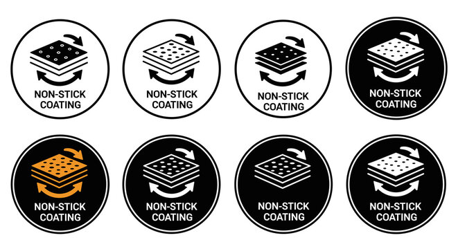 Non-Stick Coating Layers with Rotating Arrows for Durable Cookware in Home Kitchens & Professional Food Service, Promoting Easy Cooking & Cleaning with Modern Material Technology, Vector Icons for Pac