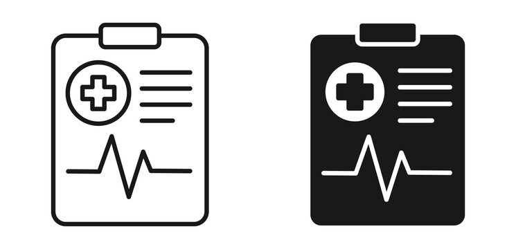 Medical report clipboard icon set in outline and silhouette style, representing healthcare documentation, diagnosis, and medical records, vector illustration.