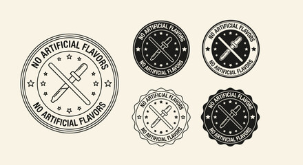 No Artificial Flavors Stamp Set for Food Packaging & Labels: Product Guarantee Illustration, Modern Clean Eating Concept, Badge Collection for Natural Food Marketing, Dietary Awareness Graphics, Healt