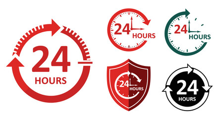 Diverse 24/7 Availability Icons Representing Round-the-Clock Service for Global Business & Support, Indicating Reliability & Constant Operation in Modern Red, Green, & Black Designs, Perfect for Marke