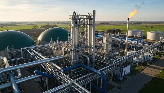 Aerial View of Biogas Plant with Flare Stack Emitting Flame at Sunrise