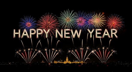 Festive happy new year celebration with colorful fireworks illuminating the night sky over a cityscape creating a vibrant and joyful holiday atmosphere