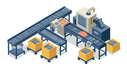 Obraz premium Isometric fish processing plant with conveyor belts and machinery