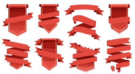 Collection of Red Ribbons and Banners for Festive Celebrations, Award Ceremony Invitations, and Creative Design Projects: Ornate Scroll Emblems for Graphic Arts, Scrapbooking, and Marketing Campaigns,