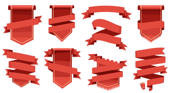 Collection of Red Ribbons and Banners for Festive Celebrations, Award Ceremony Invitations, and Creative Design Projects: Ornate Scroll Emblems for Graphic Arts, Scrapbooking, and Marketing Campaigns,