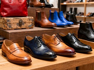 Display of handcrafted leather shoes showcasing various styles and colors in a retail store perfect for fashion and footwear advertising