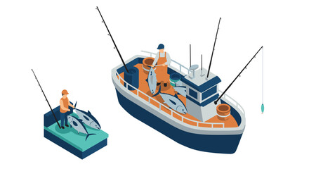 Fishing boat with fishermen catching tuna in isometric design with fishing rods