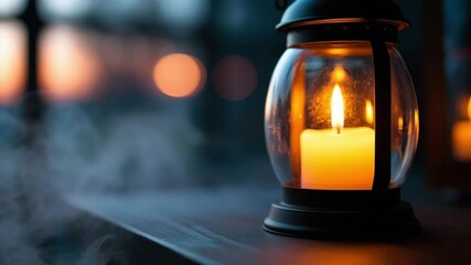 A glowing lantern with a candle illuminates a dimly lit space. Soft smoke rises. - Powered by Adobe