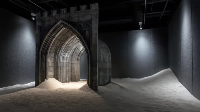 An arched stone doorway frames a bright passageway in a dark, textured room with light-colored material
