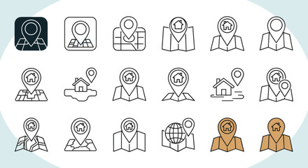Real Estate Mapping and Navigation Icons Illustrating Location and Property Search, Representing Global Business Expansion and Modern Technology for Travel and Direction Applications, Featuring Profes