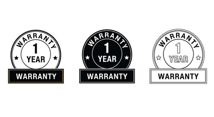 One Year Warranty Seal Design Presentation: Guarantee, Protection, Assurance & Support - Black, White & Outline Logos for Business, eCommerce & Retail Products Marketing (Modern, Simple, Minimalist, V
