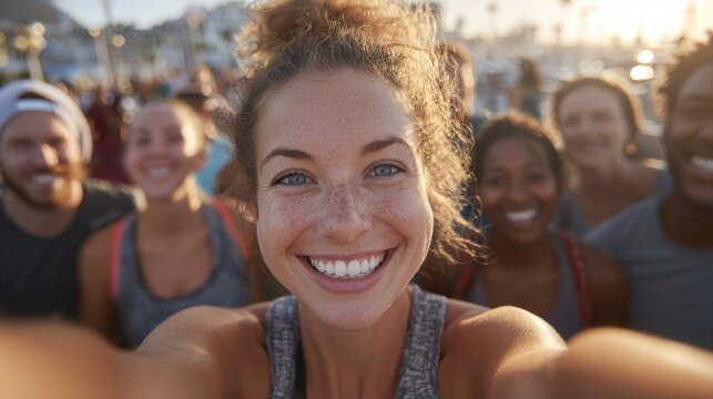 Group of happy runners taking a selfie after a community run at golden hour, smiling and cheerful in the sunlight with diverse participants