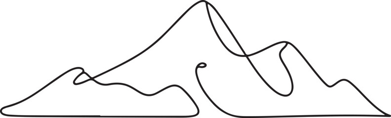 One continuous line drawing of mountain range landscape. Web banner with mounts in simple linear style. one line Icon drawing with white background