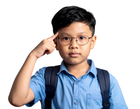 Smart Asian boy pointing to his temple in a thinking gesture. Concept for education