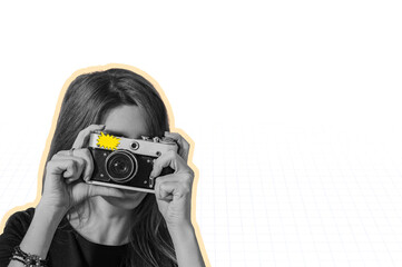 Woman taking retro photos. Digital collage with female hands holding vintage camera. Pop art design.