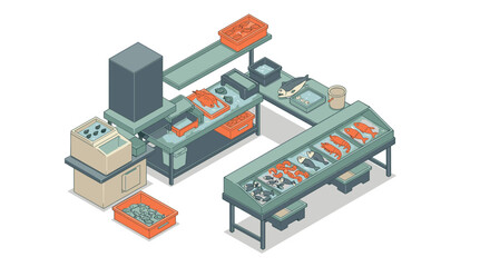 Obraz premium Isometric fish market stall with fresh seafood display and processing area