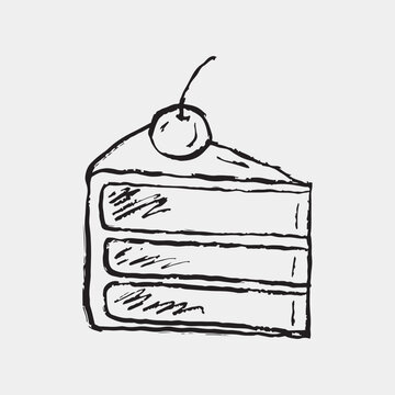 Hand drawn cake slice with cherry. Vector sketch illustration in vintage crayon charcoal style. Confectionery menu. happy birthday equipment