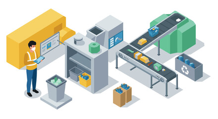 Obraz premium Isometric recycling process with automated conveyor system and waste management