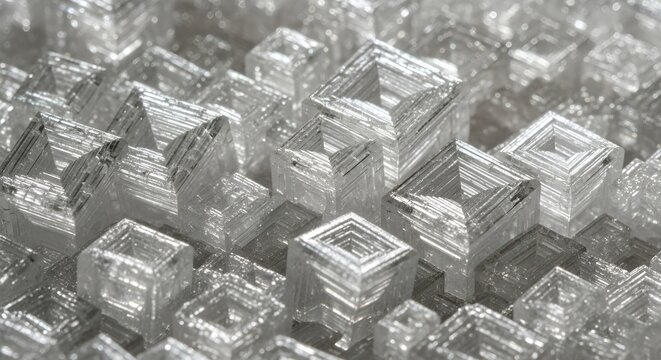Extreme close-up of translucent cubic hopper crystals showcasing intricate texture and geometric patterns. Scientific macro photography of mineral or salt structures.