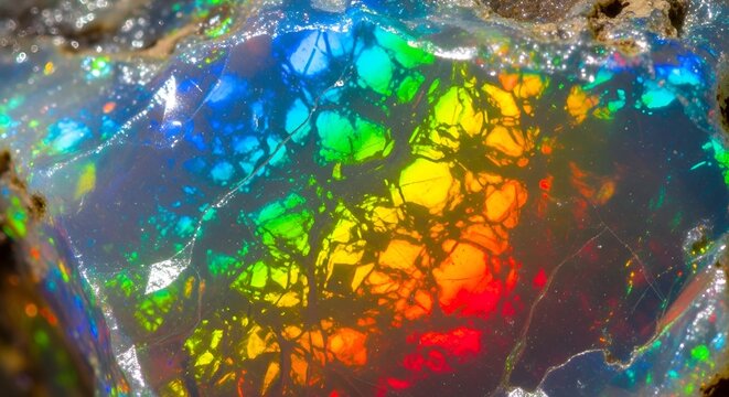 Dazzling macro shot of a raw opal stone exhibiting spectacular iridescence and play-of-color. Vivid rainbow colors explode across the natural, fractured surface, creating a stunning abstract texture.