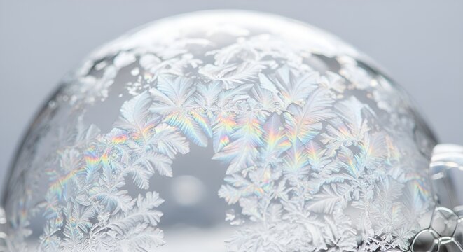 Macro image of beautiful feathery frost patterns on a frozen soap bubble surface. Intricate ice crystals display stunning iridescent rainbow colors due to light and cold temperature.