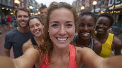 Group of happy runners taking a selfie after a community run at golden hour, smiling and cheerful in the sunlight with diverse participants
