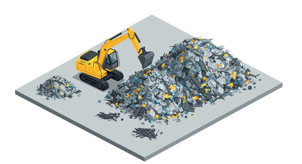 Isometric excavator on construction site with pile of rubble