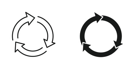 Recycling arrows icon set in outline and silhouette style, representing reuse, sustainability, and eco-cycle, vector illustration.