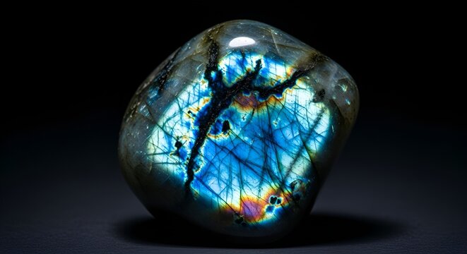 Macro view of a polished Labradorite gemstone displaying intense blue and turquoise labradorescence (schiller effect). The iridescent mineral rock is isolated on a dark background.