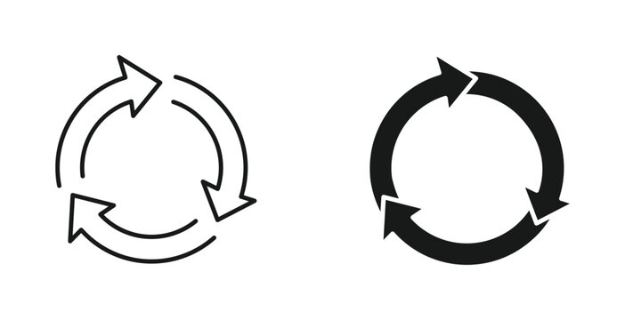Recycling arrows icon set in outline and silhouette style, representing reuse, sustainability, and eco-cycle, vector illustration.