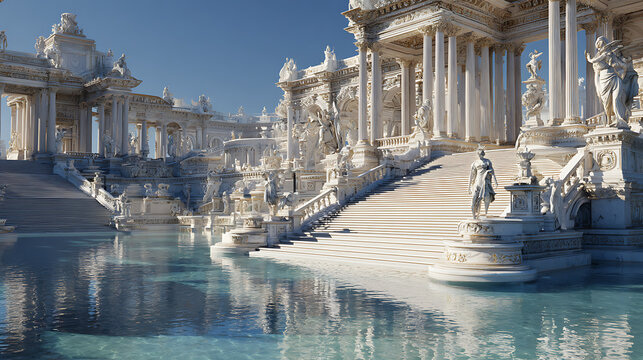 Grand marble palace with ornate statues and reflecting pool architecture classical