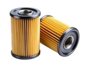 Floating Modern Car Oil Filters Duo with Clean Metal Finish, Separate Layout, Transparent White Background