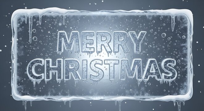 Icy merry christmas text with frozen details and water droplets creating a festive winter holiday greeting card or banner with a cool and refreshing design