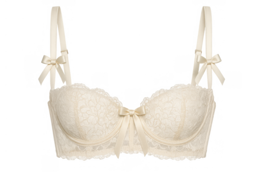 Beige lace bra with decorative ribbons and bows, women's delicate lingerie elegant fashion apparel on transparent background