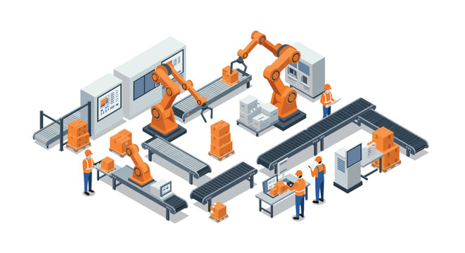 Automated industrial assembly line with robotic arms and engineers in modern isometric design