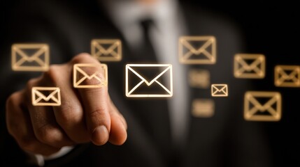 Naklejka premium Businessman sends Emails to Clients and Manages Contacts on Laptop for Business Projects