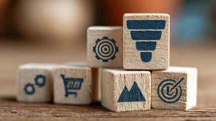 Inbound lead generation depicted by stacked wooden blocks with sales strategy icons on a wooden surface